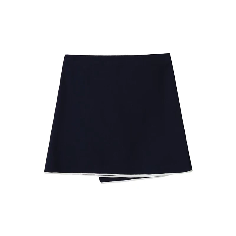 YENKYE Summer Women's Navy Blue Wrap Knit Mini Skirts High Waist A Line Skirt Versatile Preppy Style Short Bottoms