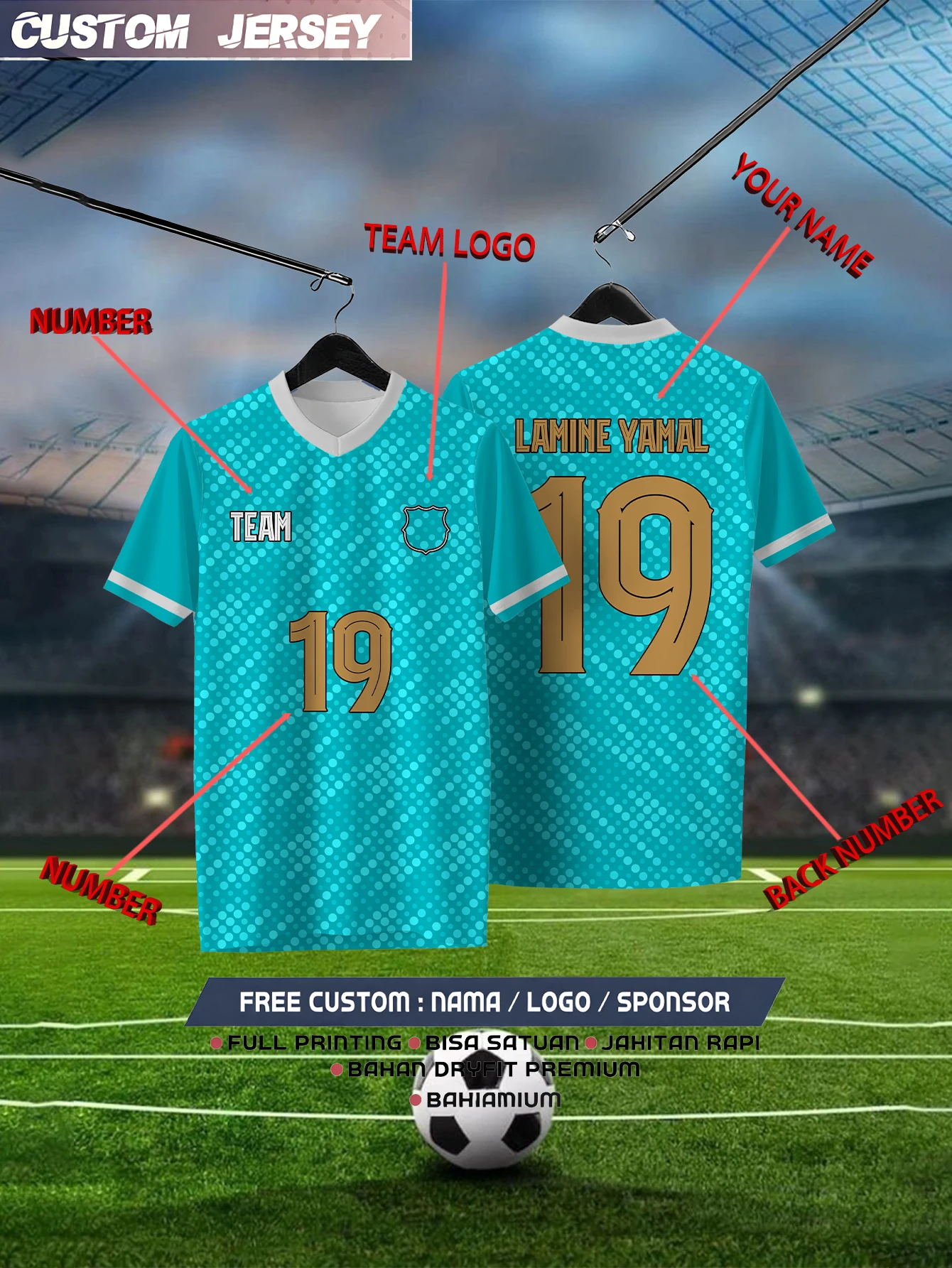 

Customized Geometric Blue Short Sleeved Shirt with Team Name, Emblem, Name and Number, Outdoor Sports Short Sleeved T-shirt