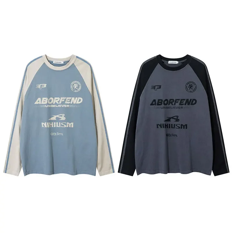 

Ретро футболки мужские японские уличные полосатые лоскутные футболки с графическим принтом в стиле хип-хоп весенняя повседневная свободная мужская футболка с длинным рукавом