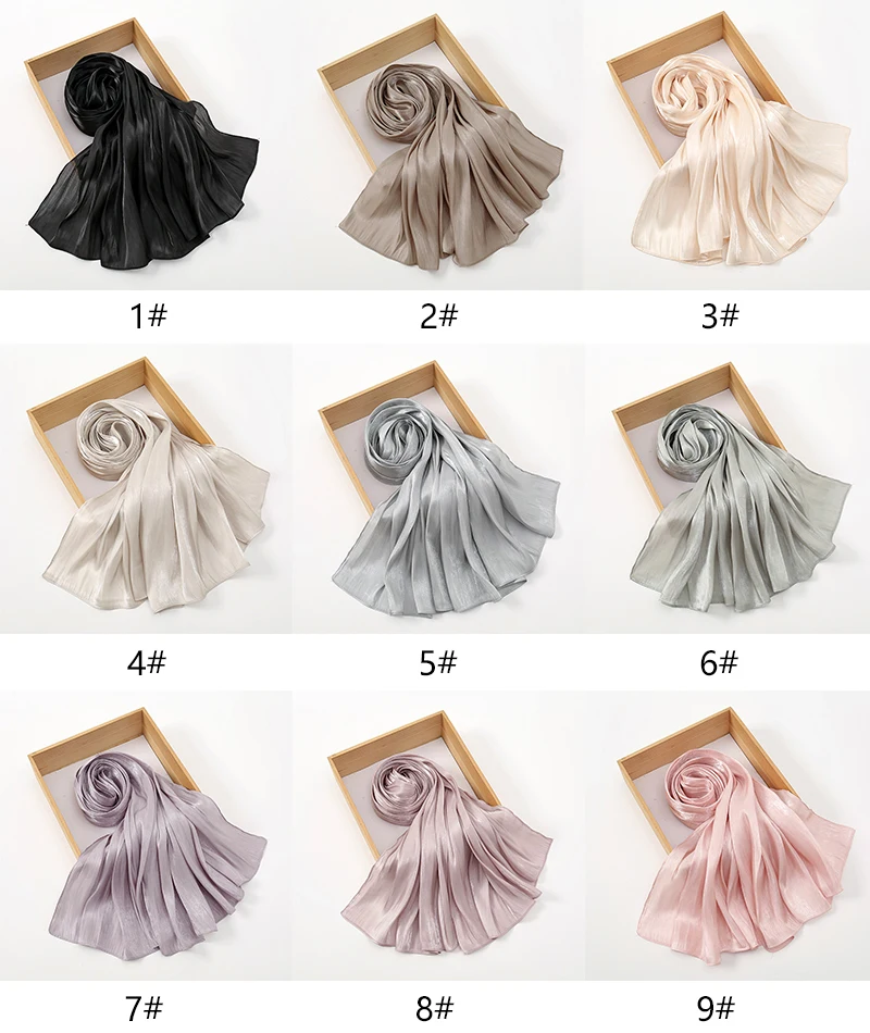 Female Shimmer Shawl Silk Hijab Scarf Breathable Cool Island Satin Medine Silk Veil Musulmans Shiny Silk Shawl Women's Scarves