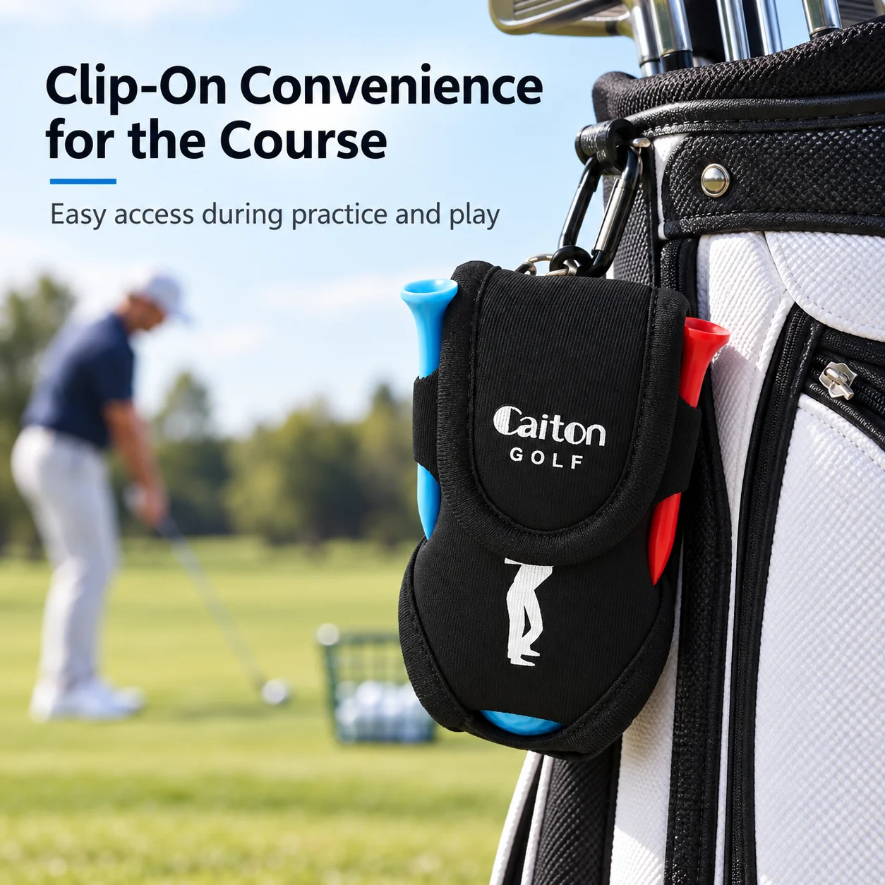 Caiton Golf Ball Pouch & Tee Holder, Clip-On Golf Ball Bag, Holds 2 Balls 4 Tees, Portable Golf Organizer, Golf Bag Accessory