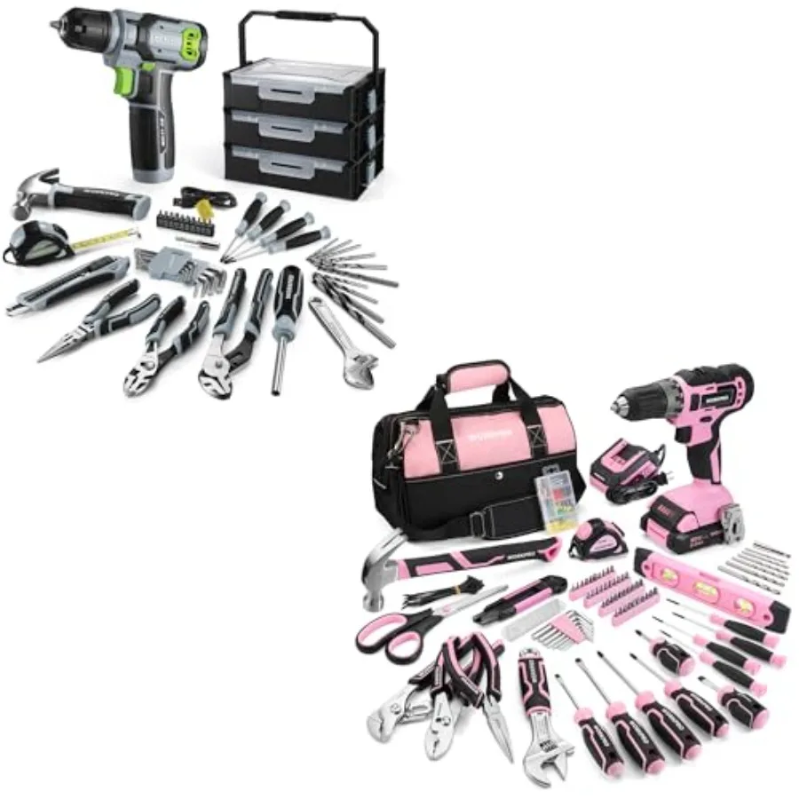 

157PCS Home Tool Set with 20V Power Drill- Pink and WORKPRO 43PCS Cordless Drill Driver with 8V Lithium - Green