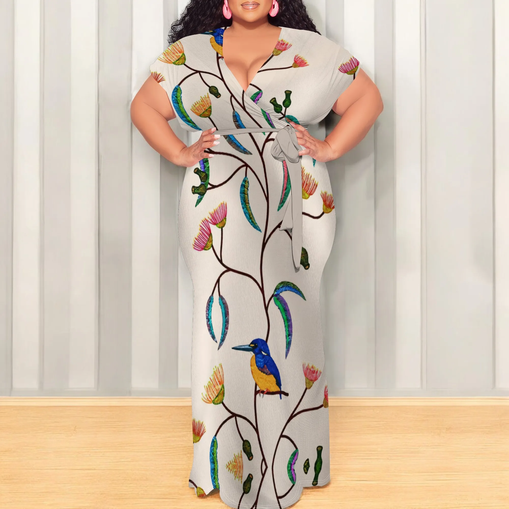 

EQQZD Belted V Neck Long Dress for Women Summer Floral Print Short Sleeve Floor Length