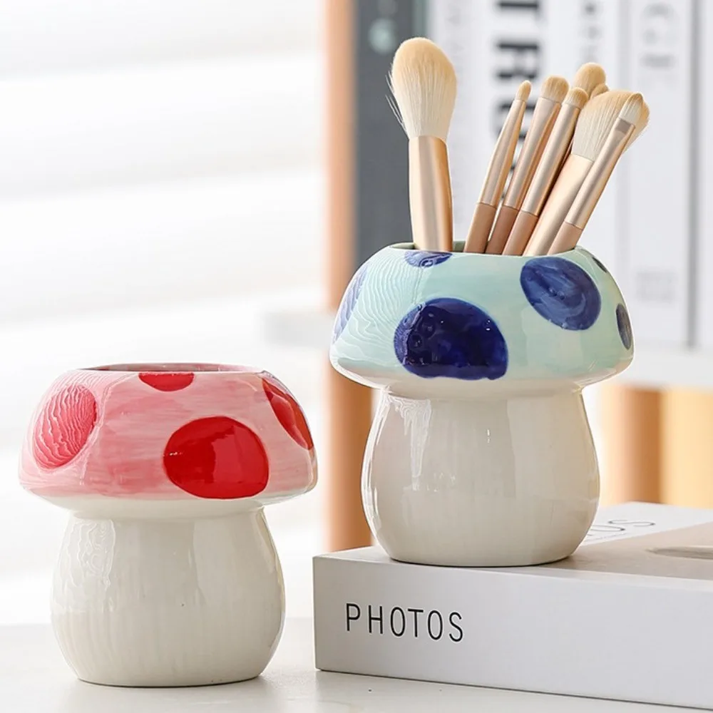 

Aesthetic Cartoon Mushroom Pencil Holder Multifunction Cute Brush Storage Bucket Funny Ceramic Pen Container Pot Girl