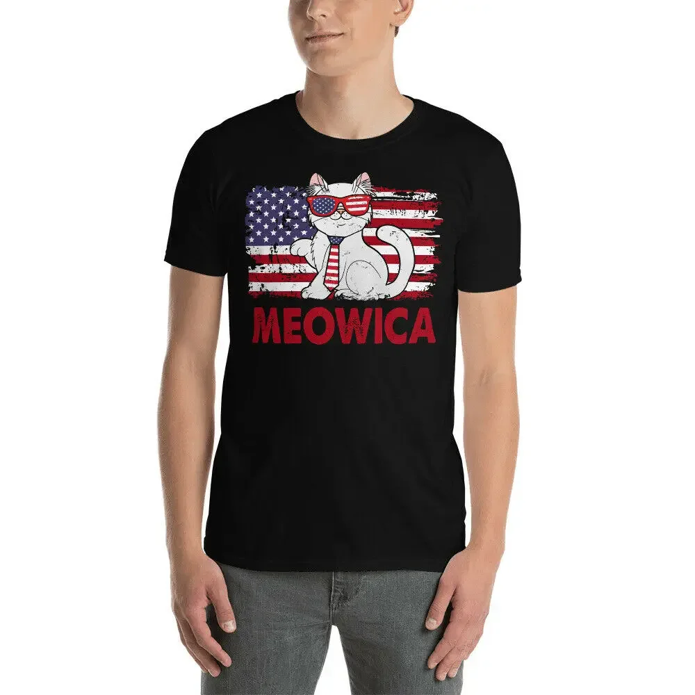 Meowica Funny USA American Flag Independence Day Cat Lover T-Shirt. Summer Cotton O-Neck Short Sleeve Unisex T Shirt New S-3XL