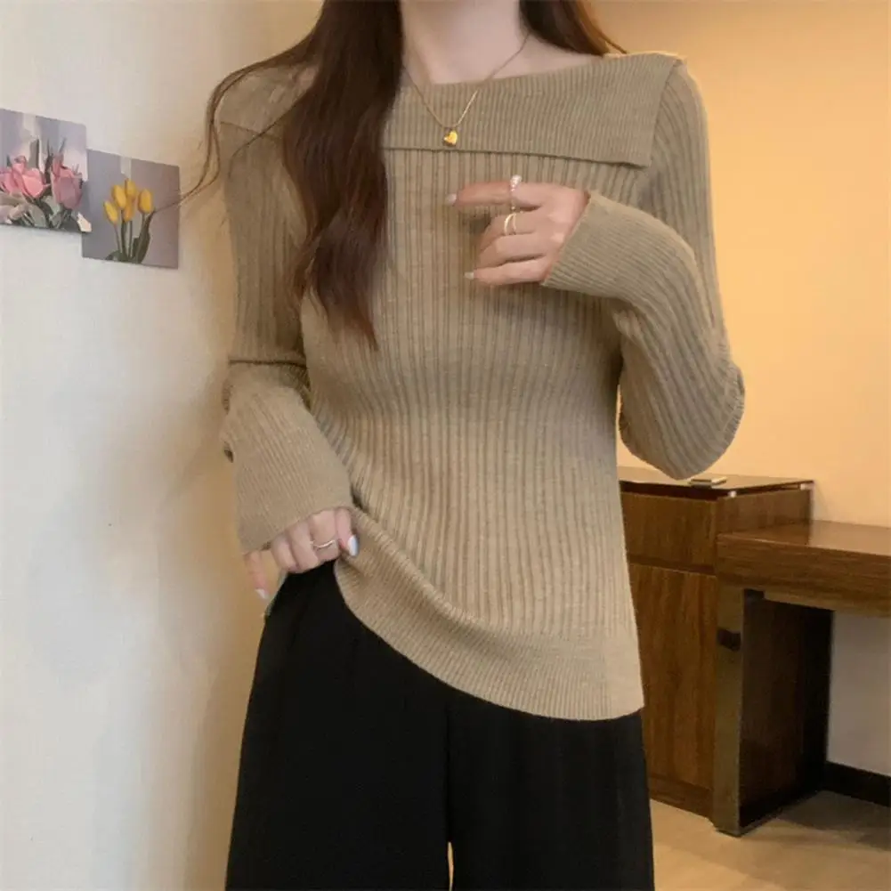 Soft Stretchy T-shirt Elegant Boat Neck Knitted Sweater for Women Soft Warm Pullover Blouse with Irregular Hemline Slim Fit Fall