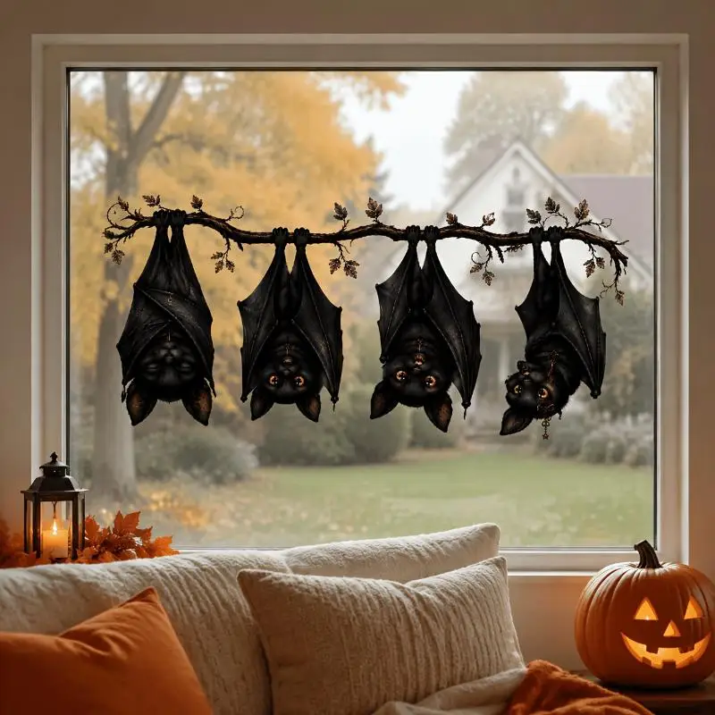 1pc Halloween Hanging Bats Window Sticker | Black Witch Bat Branch Wall Decal | Removable High Quality Home Decor For Window, Do