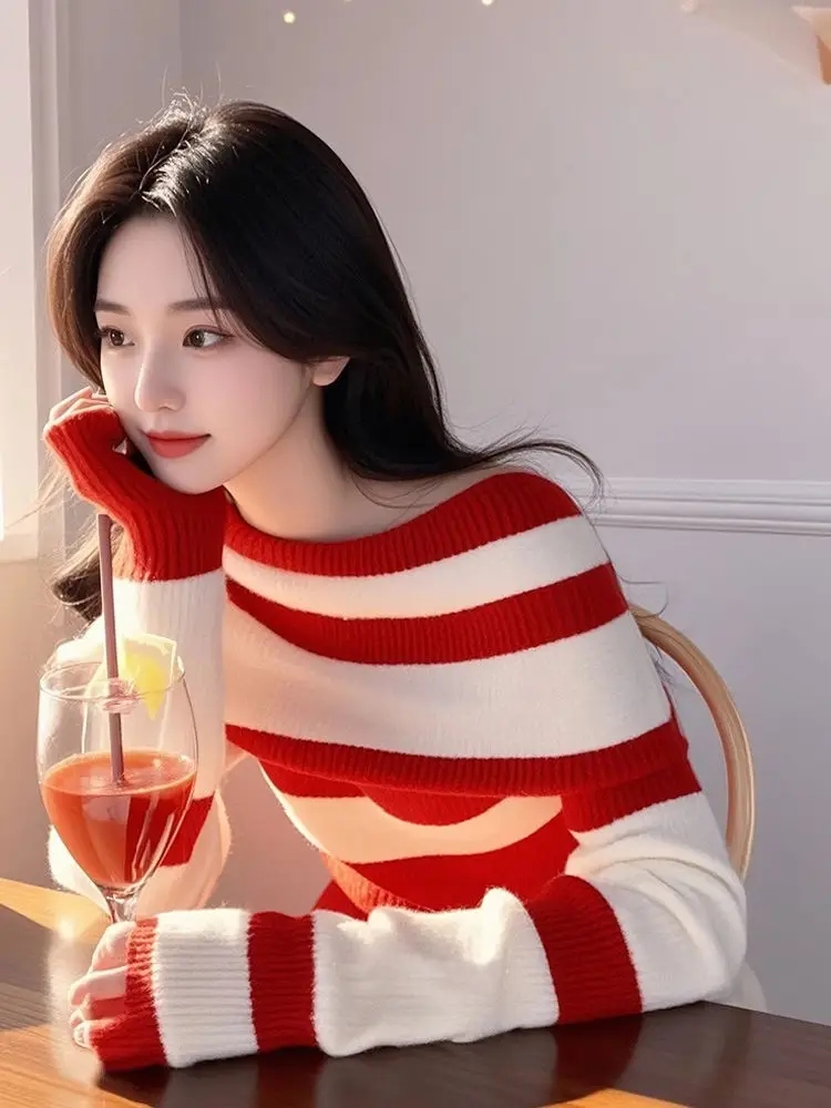 Women's Stripe Off Shoulder Knit Sweater Winter Base Layer Unique Beautiful Knit Top Autumn Winter Tops