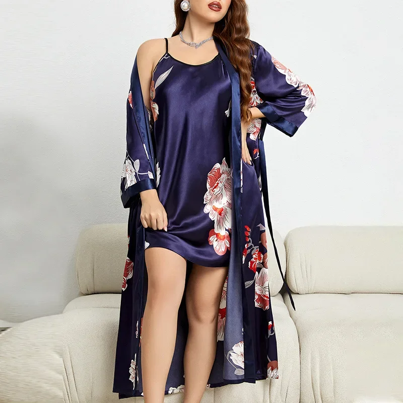 XL-5XL Large Size Bathrobe Gown Suit Summer Women Sleepwear Nighty&robe Set Nightwear Nightgown Satin Home Dress Lounge Wear