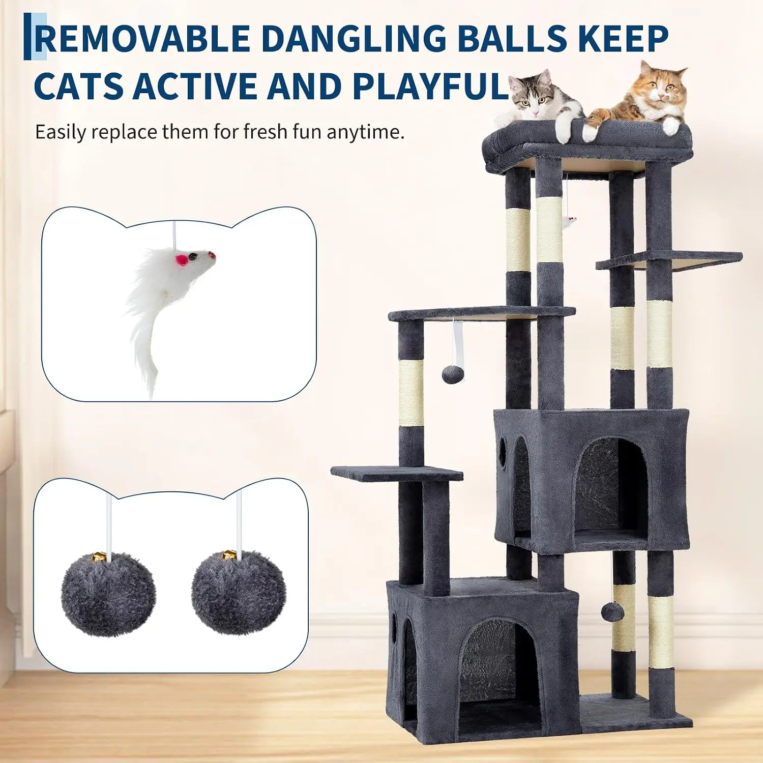 Tacleekii 61" Cat Tree with Extra Large Perch 2 Spacious Condos Multi-Level Cat Tower Natural Sisal Scratching Posts, Interactive Toys for Medium Large Indoor Cats gallery 4