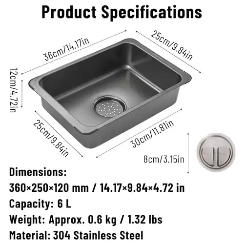 304 Stainless Steel Mini Sink For Outdoor Camping And Tiny Kitchens, 6L Capacity, 14.17x9.84x4.72 Inches, Easy Clean