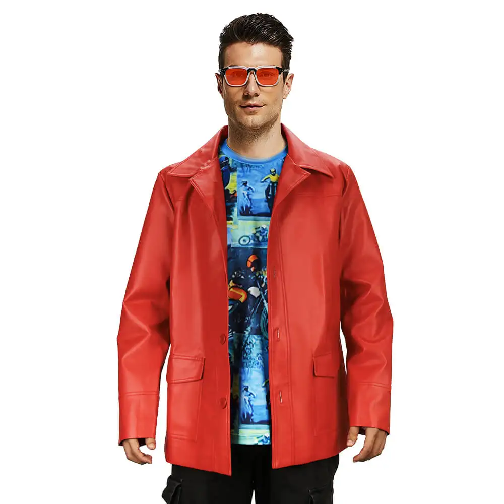 Fight Club Tyler Durden Cosplay Costumes In Stock Brad Biker Leather Jacket Red Coat Shirt Glasses Halloween Party Suit