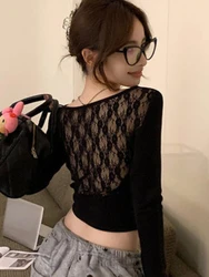 Y2k Aesthetic Slim Hollow Out Lace Tshirts Streetwear Fashion Vintage Sexy Crop Top Women Long Sleeve Bottoming Trendy T-shirts