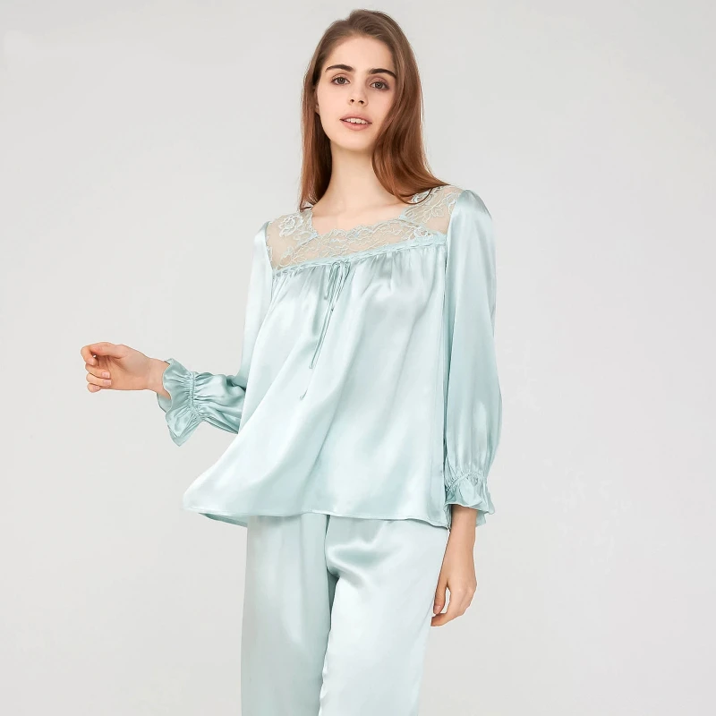French Princess Silk Pajamas Set 100% Mulberry Silk Loungewear 2 Piece Spring Autumn Women Square Neck Long Sleeve Trousers PJS