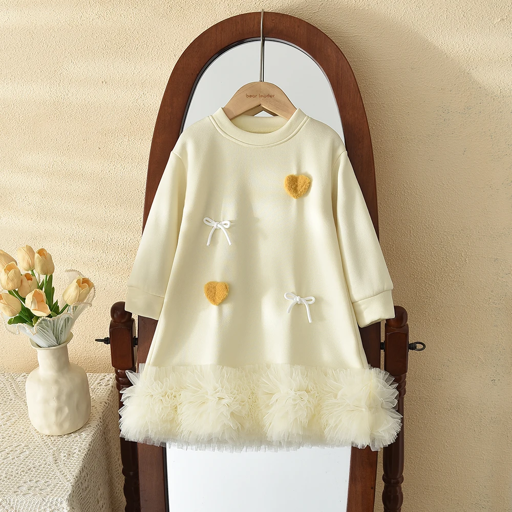 Gelb Süße und Schöne Mädchen Casual Kleidung Bogen Liebe Lange Ärmeln Flauschigen Kleid Herbst Neue Koreanische Version – Detail 2