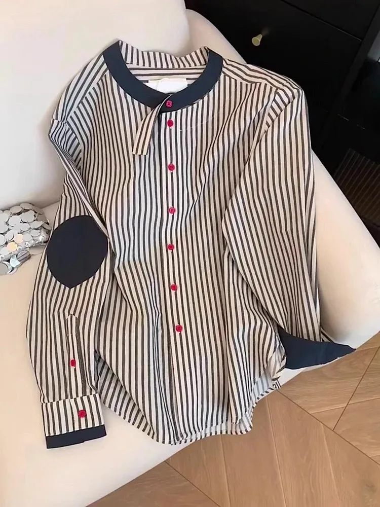 

Retro Striped Long Sleeve round Neck Shirt Men's Spring Autumn Fashion Design Lazy Style Outerwear Shirt Casual Loose Fit