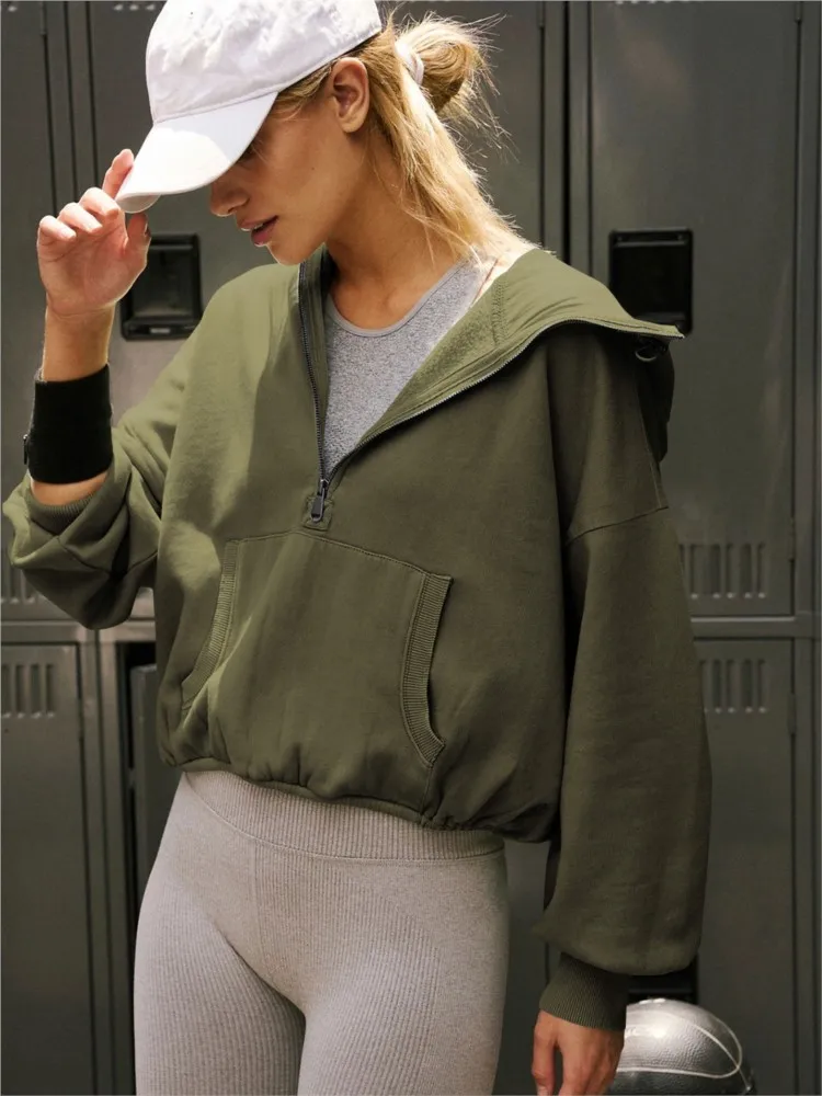 Women's Hoodies Y2k Fashion Half Zipper Pocket Sweatshirt Autumn Winter Women Casual Long Sleeve Loose Short Hoodie Pullovers