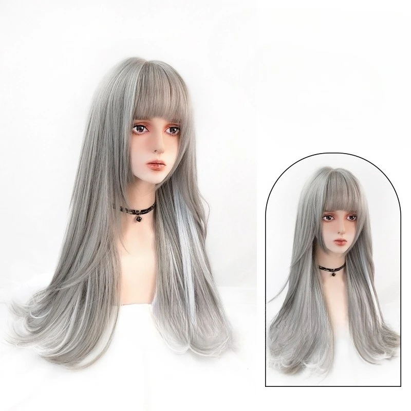

Wig girl l long straight hair temperament micro-curl Korean air bangs gray long curly hair realistic full headgear