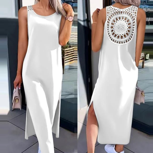 Vestido midi de verano nuevo, talla ande, sin mangas, con abertura, de color o, cuello redondo, entallado, moderno, para...