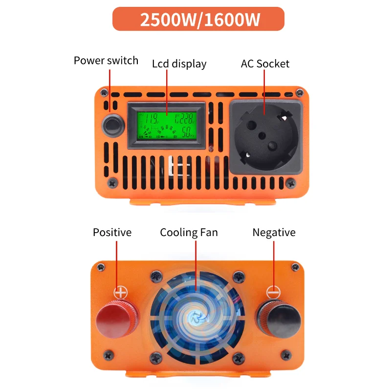 Inverter 12v to 220v 1600W 2500W pure sine wave europe power converter 24v 48v dc to 230v ac inverter 50HZ LCD mini transformers