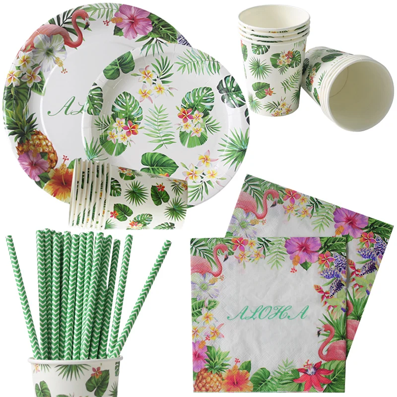Vajilla desechable para fiesta Tropical de verano, platos de hojas de palma de hoja de Monstera de la jungla, vasos de papel, decoraciones hawaianas para fiesta de boda