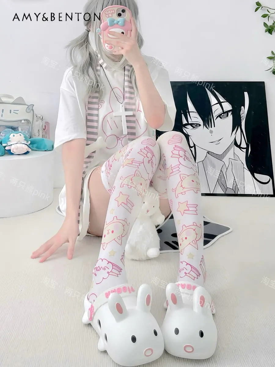 Spring and Summer Thin Cute Velvet Long Socks Lolita Style Cartoon Print Thigh High Stockings Cos Animation Stockings Sexy