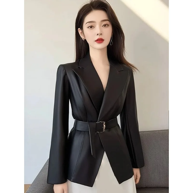 Korean Wear High-end Atmospheric High-grade Top Light Luxury High-end Sense Versatile Black Suit Leather Jacket Women's Autumn