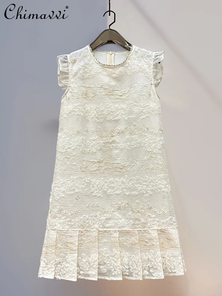 

French Elegant Socialite Party Dresses Beaded Crew Neck Embroidered Sequined Mesh 3D Flower High Waist A-line Short Dress Women