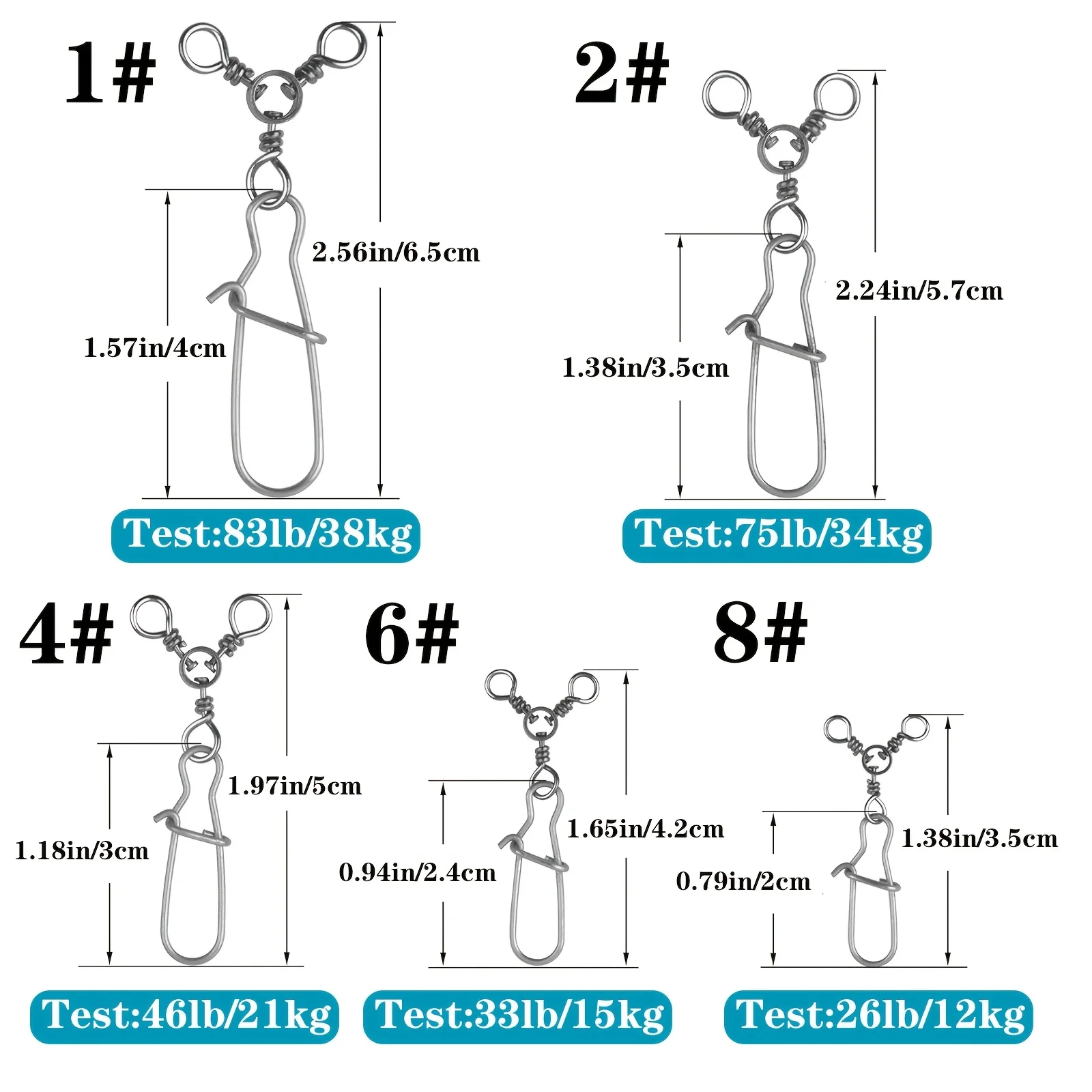 3 Way Snap Swivels Fishing Tackle, T-Turn Swivels Snaps Saltwater Connectors for Trolling Catfish Rig Surf Rig view 2