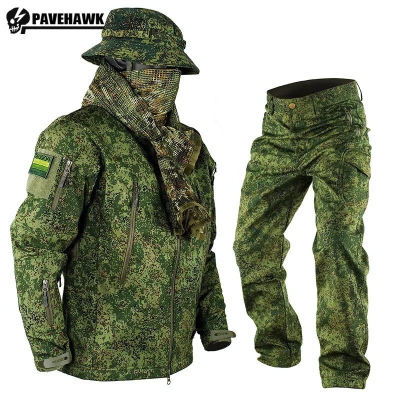 Waterproof Windproof Training Set Men Shark Skin Soft Shell Russian Camo Clothing Quick Drying Tactical Jacket Cargo Pants Suit