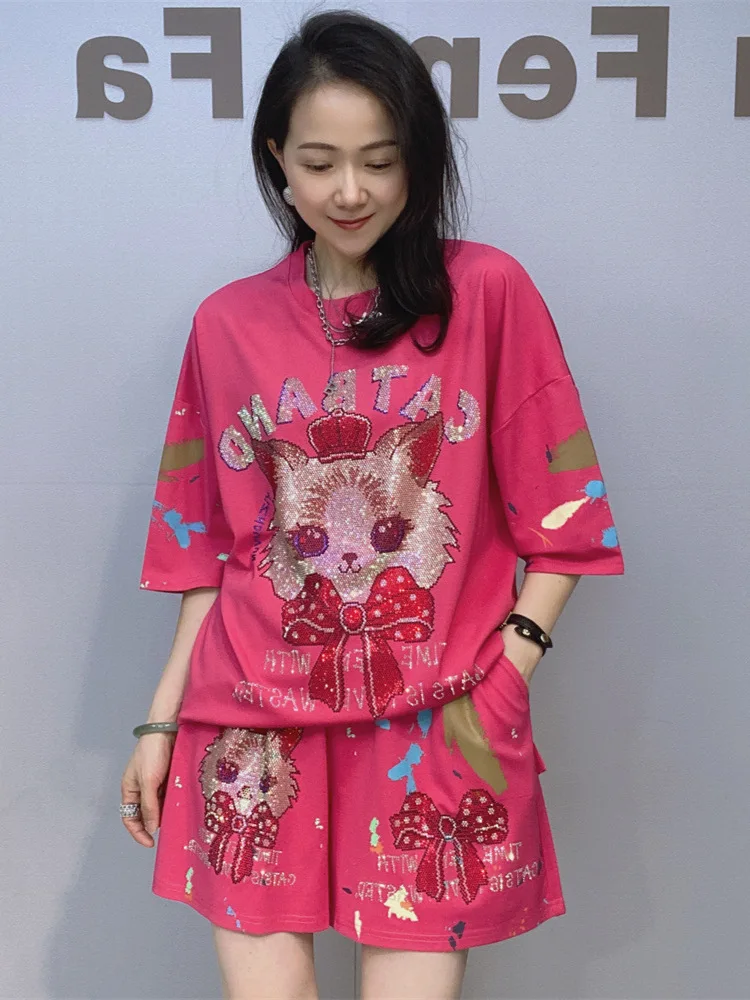 2 Piece Glitter Tracksuit Women Short Sets Diamonds Loose Suit Summer Thin Knitting Clothing Ensemble Femme 2 Pièces