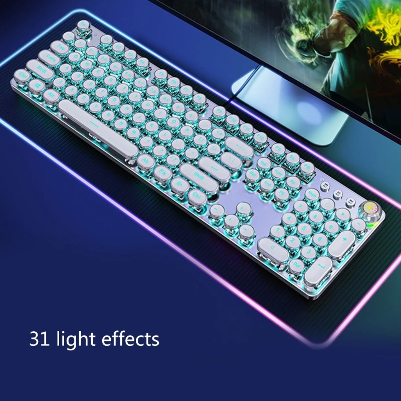 Vintage Typewriter Mechanical Gaming Keyboard with Rainbow Backlit, 104 Keys Corded Media Control Game Keypad White