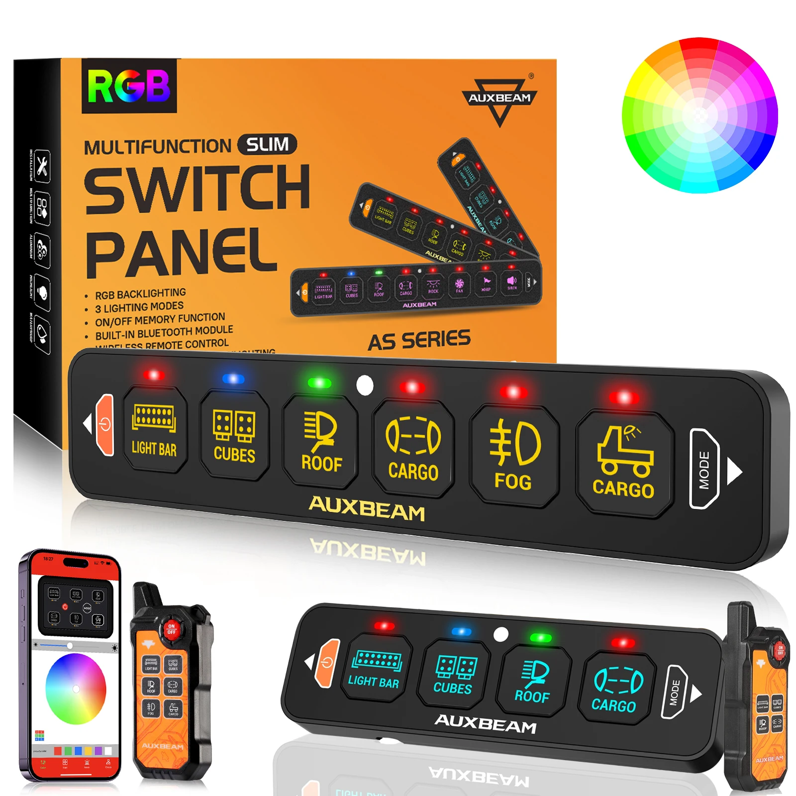 AUXBEAM 4/6 GANG RGB Switch Panel with APP & Remote Control Car Electronics Lights On Off Contoller Relay System