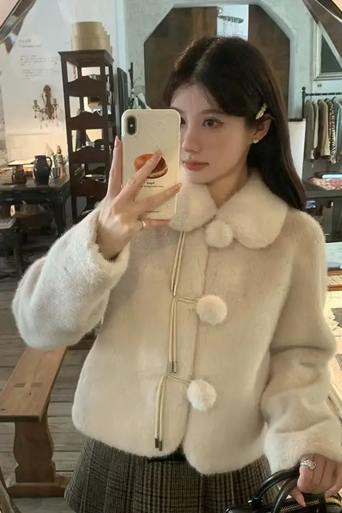 

Autumn Winter Korean Style Mink Fur Short Coat for Women Girl Elegant Tweed Look with Doll Collar Soft and Fresh Chic Outerwear