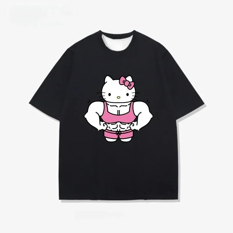 

Черная кожаная быстросохнущая футболка с короткими рукавами и 3D принтом Hello Kitty, свободный повседневный универсальный топ