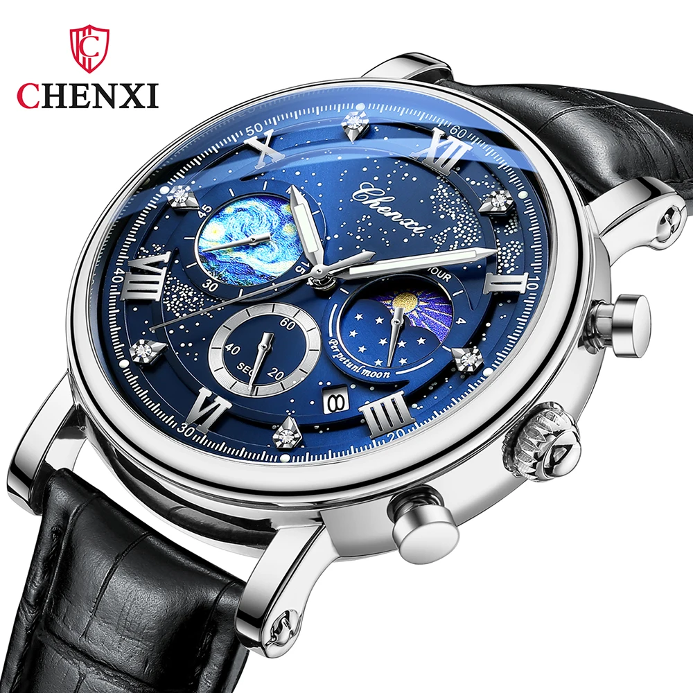 CHENXI Watches Luxury Men Leather Business Casual Quartz Wristwatch Male Luminous Moon Phase Chronograph Watch For Mens Gifts