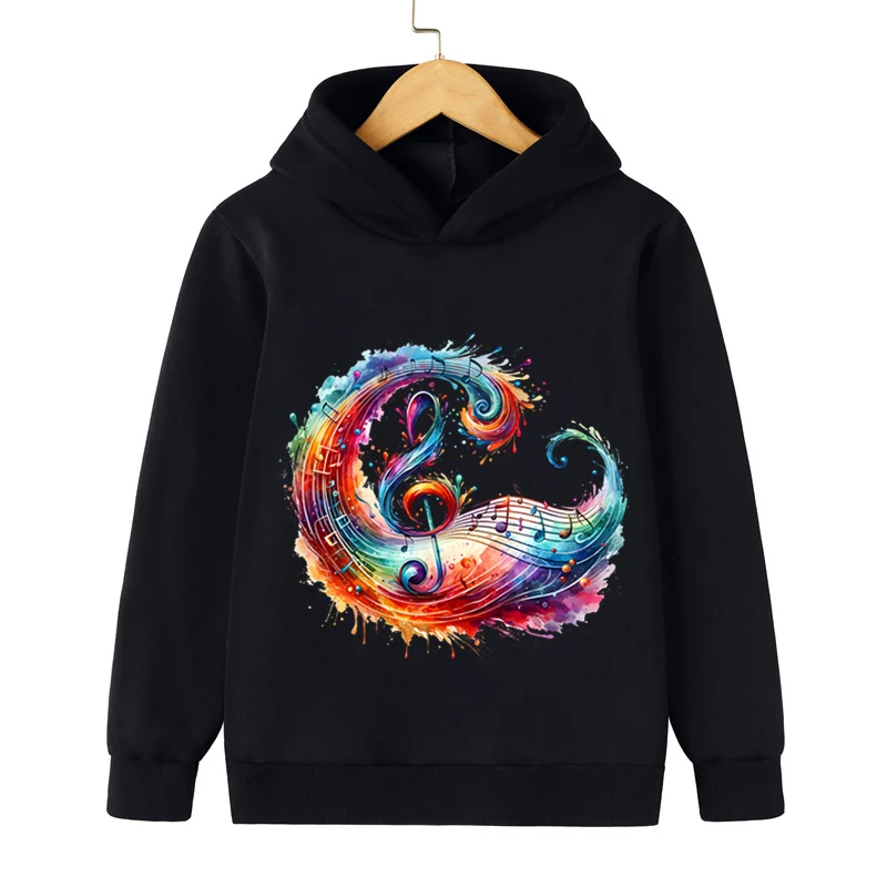

2024 Music Notation Print Kids Hoodies Watercolor Style Long Sleeve Music Trendy Hip Hop Tracksuit Boy Girl Note Sweatshirts