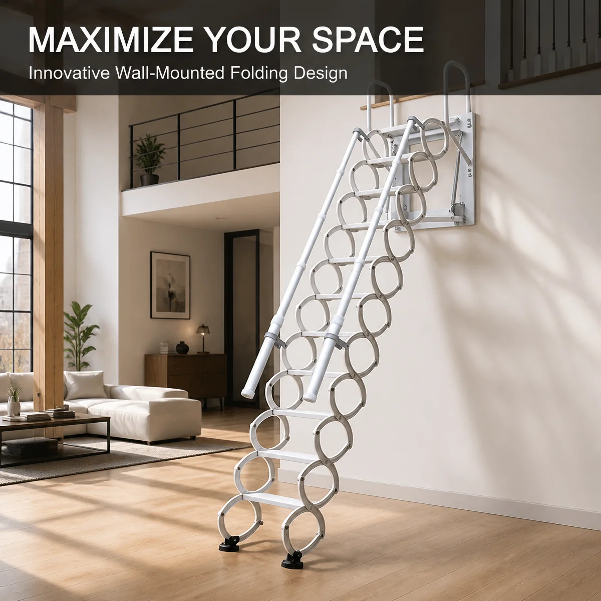Hot Sale Modern Minimalist Carbon Steel Wall Mounted Telescopic Extension Ladders Retractable Pull Ladder 300kg Load Capacity