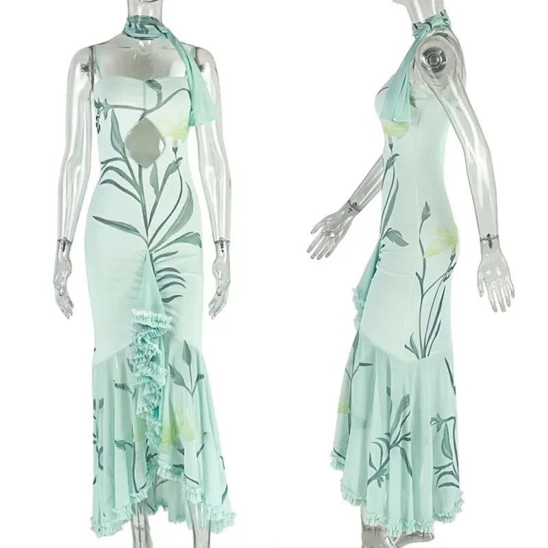 

2025 Backless Bodycon Maxi Dress For Women With Ruffles And Scarf Sexy Hollow Out Floral Print Spaghetti Strap Holiday Dress New