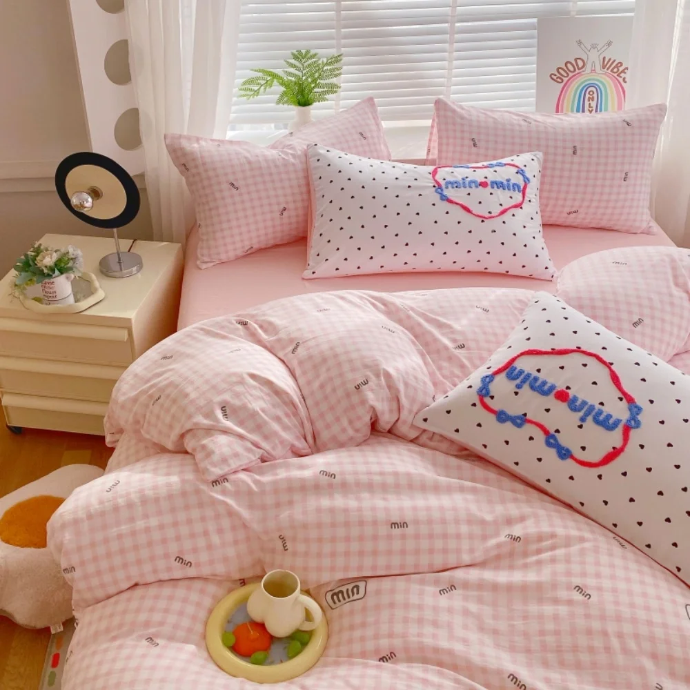 

Korea Style Bedding Set Pink Heart Duvet Cover Washed Cotton 3/4pcs Bedding for Winter Bed with Sheet Pillowcase Home Textiles
