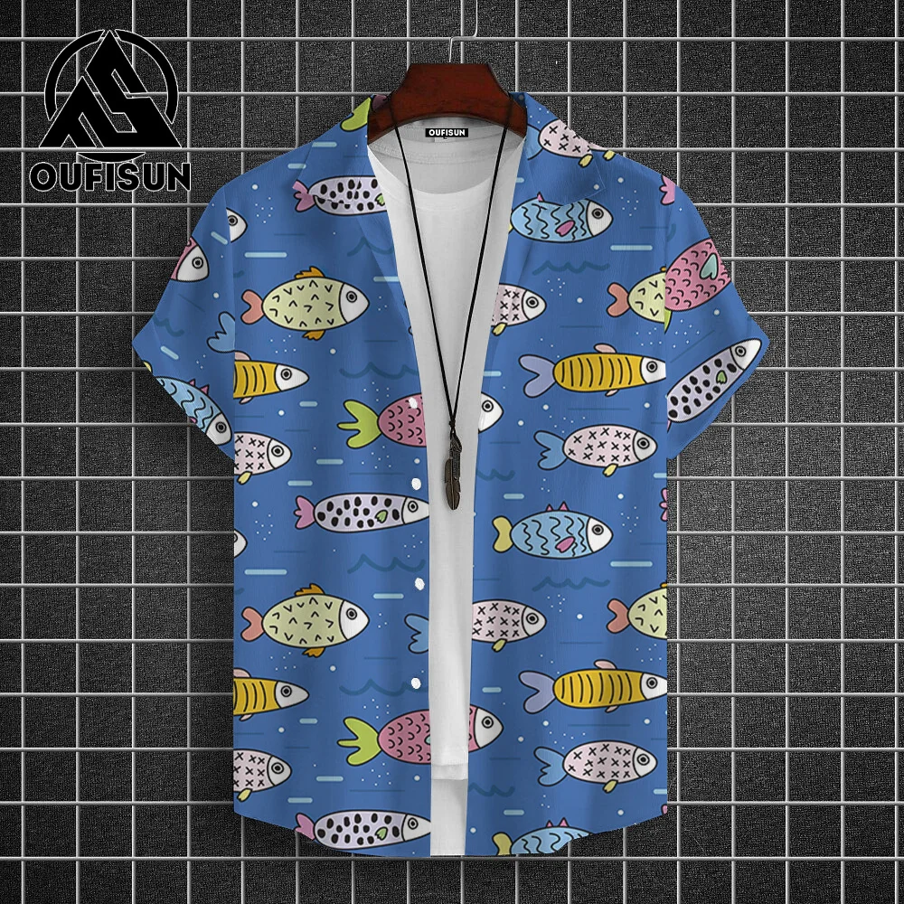 Hawaiian Shirt For Men Beach Casual Men\'s Short Sleeved Shirts New Cute Fish 3d Print Men\'s Shirt Oversized Men\'s Clothing 5xl