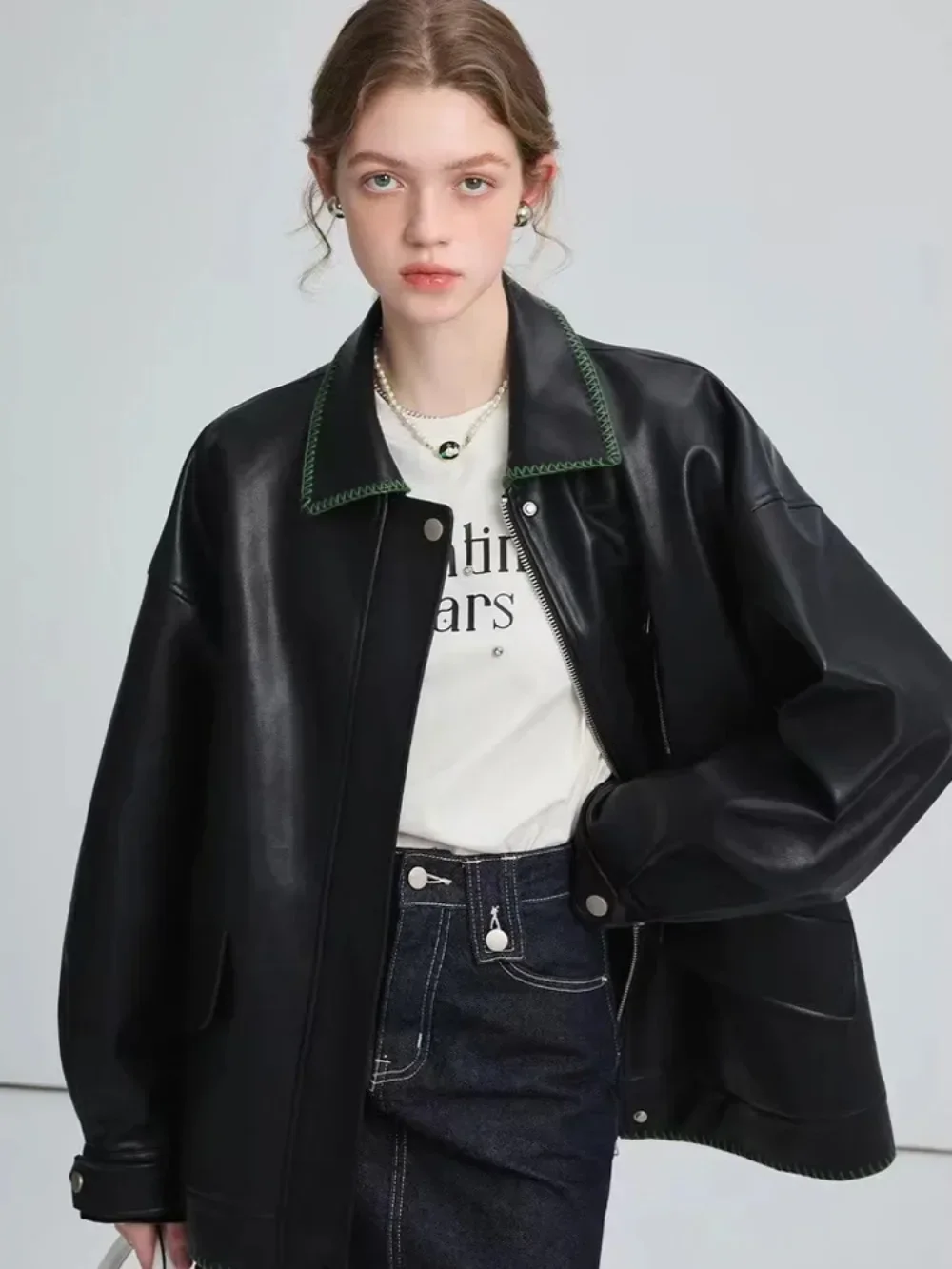 Pop nueva chaqueta de cuero PU chaqueta de cuero minimalista para mujer 2025 primavera otoño estilo motocicleta abrigos de corredor Casual