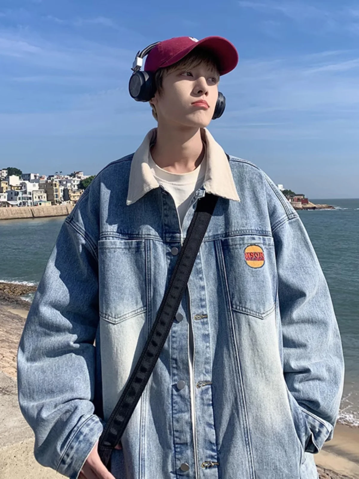 

Джинсовая куртка для подростков с ретро-воротником и вставками, модная брендовая одежда для пар, осенняя повседневная верхняя одежда