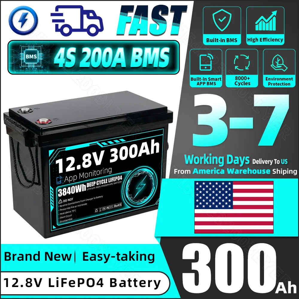 1/2/3/4PCS 12V 300Ah Lifepo4 battery Pack Support APP Controlntrol 12.8V Rechargeable Cell 3840Wh For Home energy storage system