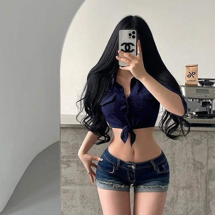 

Sexy Low Waist Denim Shorts Butt Enhancing Roll up Legs Lengthening Korean Cartoon High Elasticity Cotton Polyester Blend