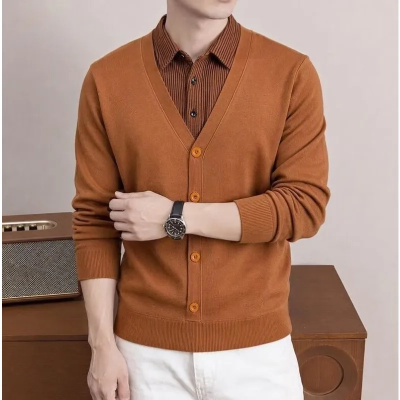 Men's Fake Two‑Piece Sweater V‑Neck Button Knit Cardigan Long Sleeve Shirt Collar Pullover Business Casual Male Knitwear Tops