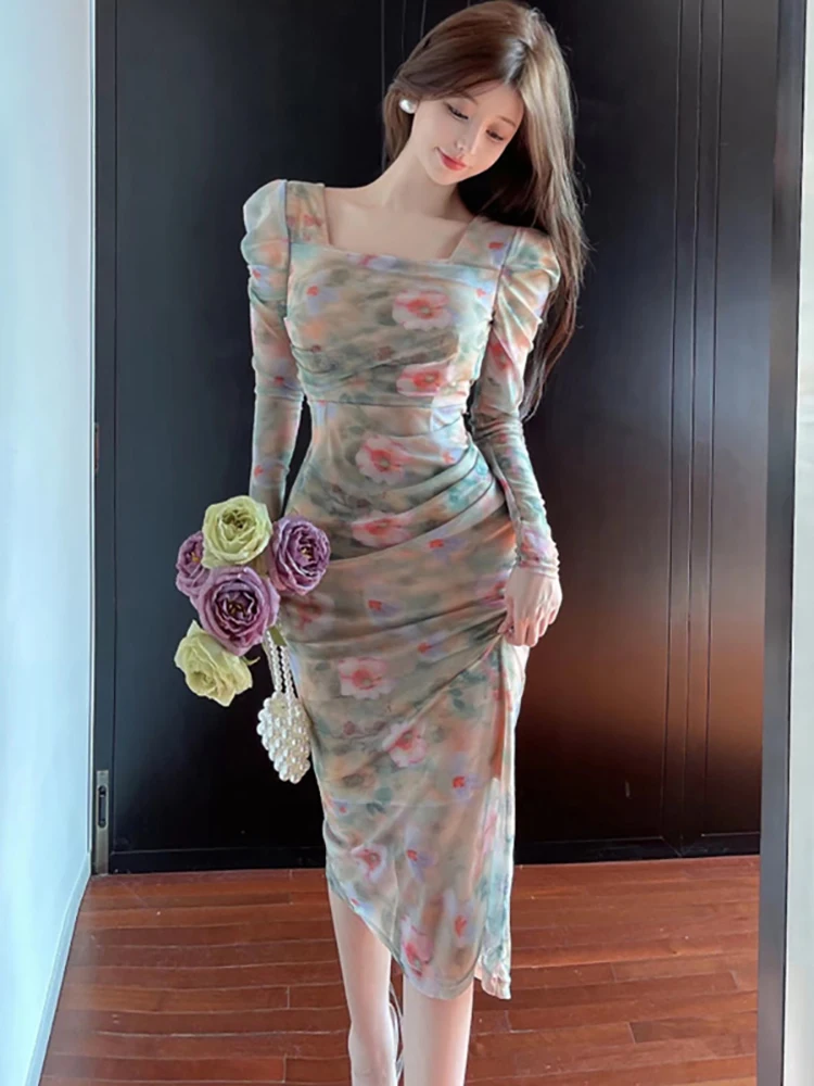 Otoño Invierno Boho Floral malla cuello cuadrado vestido largo mujeres elegante Casual Holiaday vestidos 2025 coreano Chic vestido de estilo de playa