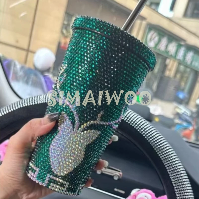 Bling Straw Cup Handmade Sparkling Deer Horn Print Stainless Steel 500ML Thermos Vaccum Christmas Red Green Mosaic Cross Stitch