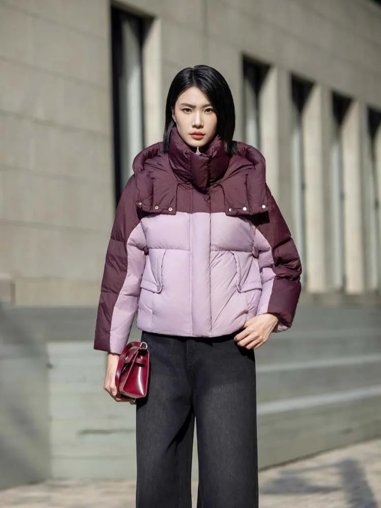Fashion contrast color goose down jacket with hooded Women's 2025 Winter Warm Loose short puffer coat High quality INKEO DJ520