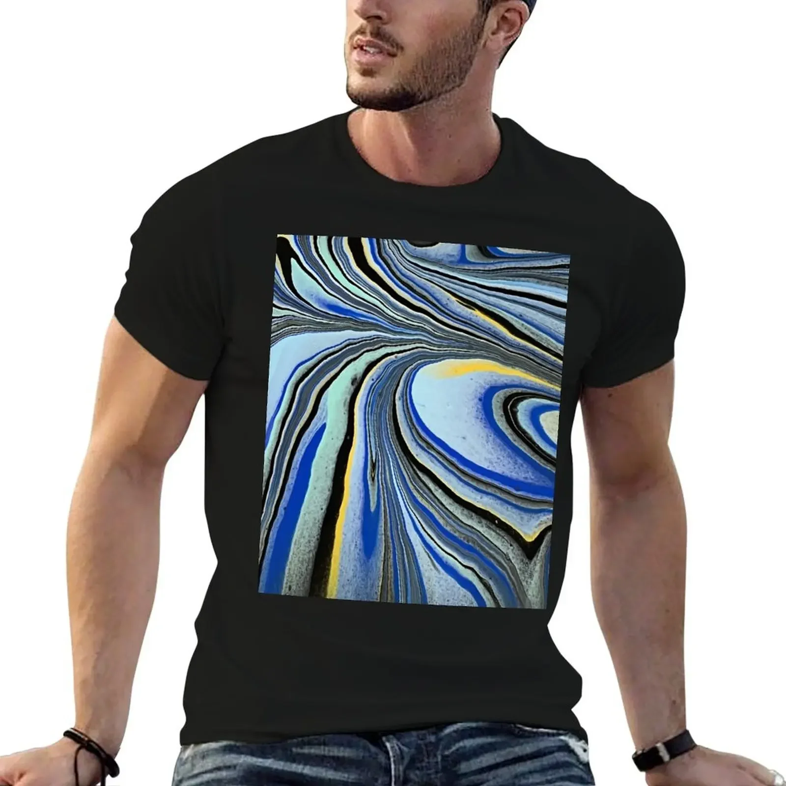 Blue, black and yellow marble pour T-Shirt cute clothes Short sleeve tee designer shirts tops big and tall t shirts for men